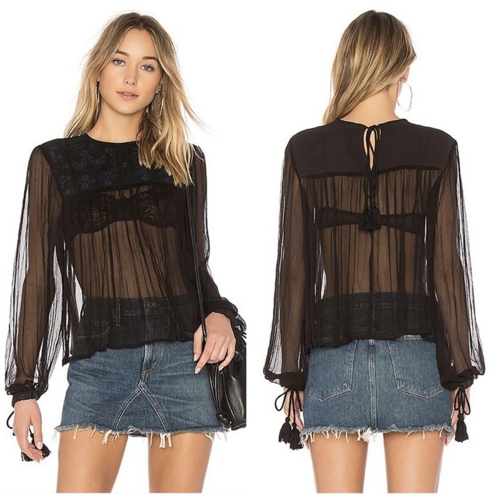 Free People Sheer Black Long-Sleeve Tassel Blouse